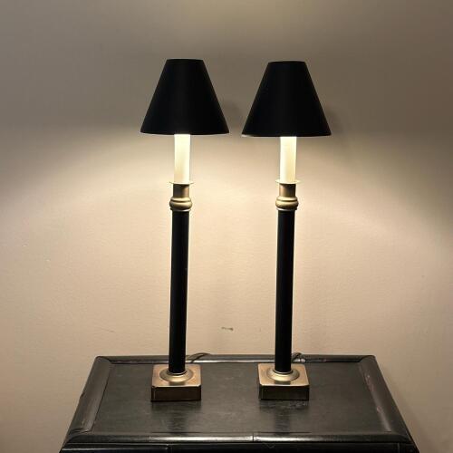 Pair of Contemporary Candlestick Table Lamps - Black and Brass-Tone Metal