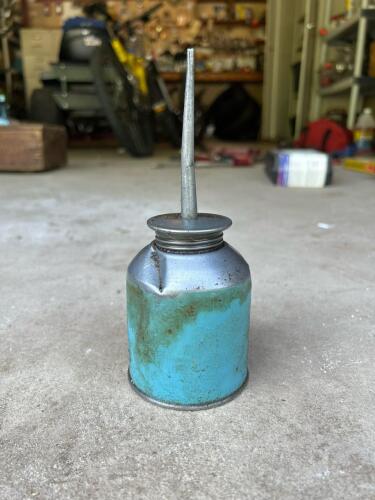 Vintage Metal Oil Can with Blue Painted Base and Tapered Spout