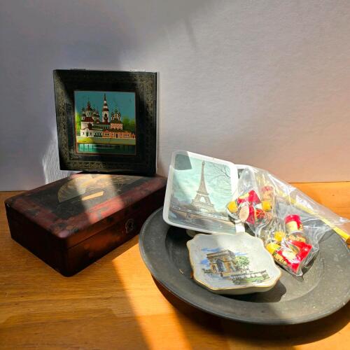 Limoges France Porcelain Dishes, Munich 1972 Olympic Pewter Plate, Russian Boxes & Keychains Lot