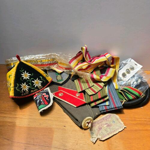 Vintage Soviet Army Cap, German Epaulettes, Military Ribbons, Patches & Enamel Jewelry Lot