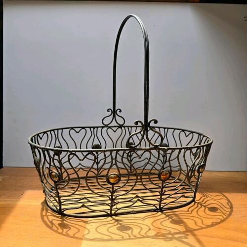 Vintage Decorative Metal Wire Basket with Amber Glass Beads