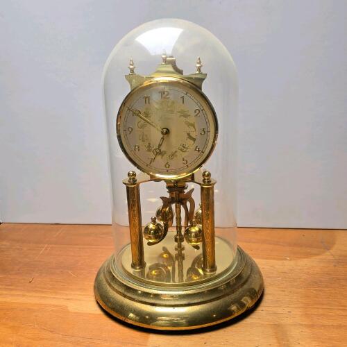 Kundo Zodiac 400-Day Brass Anniversary Mantel Clock with Glass Dome, Germany, 9.5" Tall