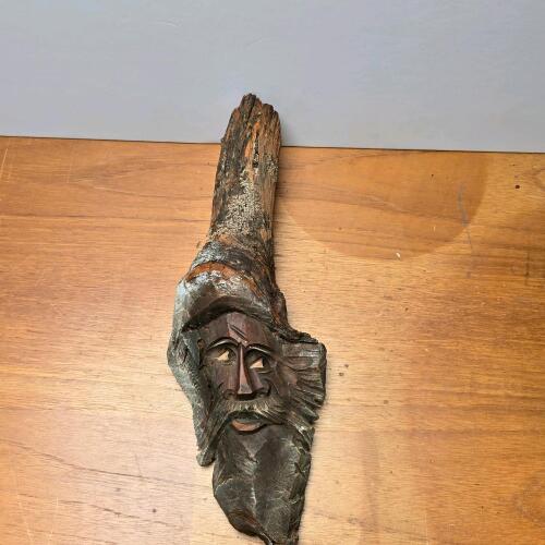 Hand-Carved Wooden Old Man Face Wall Art &ndash; 16" Rustic Tree Spirit Sculpture