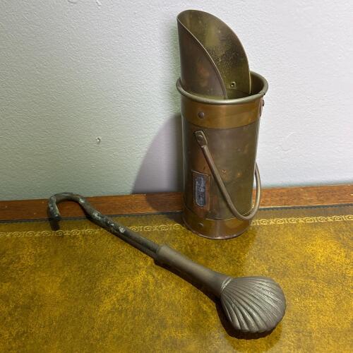 Vintage Metal Fireplace Ash Scuttle & Decorative Shell Handle Poker