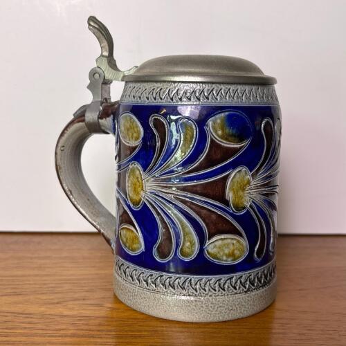 Vintage Handmade Stoneware German Beer Stein with Pewter Lid