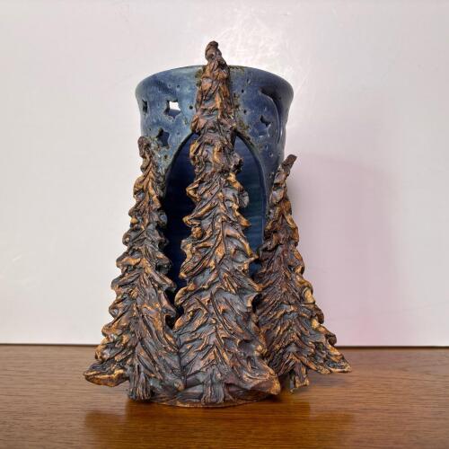 Handmade Ceramic Candle Holder with Woodland Design, Signed