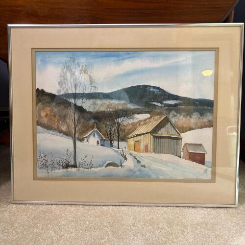 23"x18" Framed R. Alden Burt Rural Winter Landscape Watercolor Painting