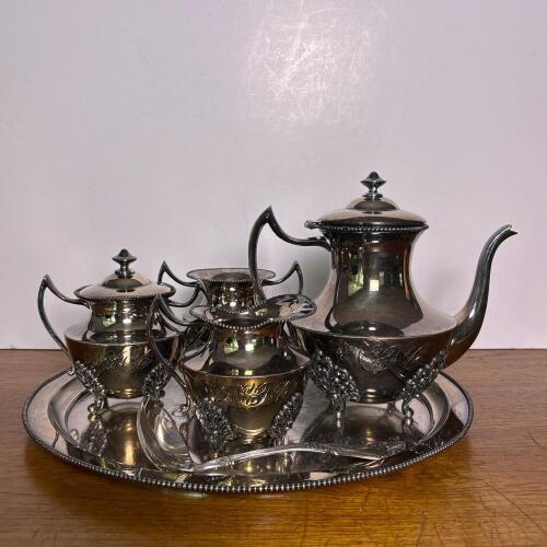 Vintage Monogrammed Quadruple Silver Plate Tea Set: Tray, Teapot, Sugar Bowls and Creamer