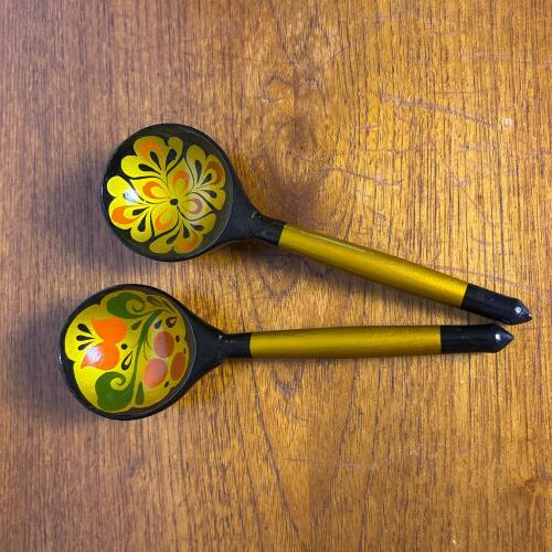 Two Hand-painted Russian Khokhloma Wooden Spoons with Floral Motif