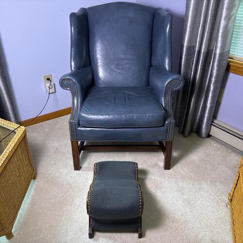 Vintage Blue Leather Wingback Armchair with Ottoman & Brass Nailhead Trim