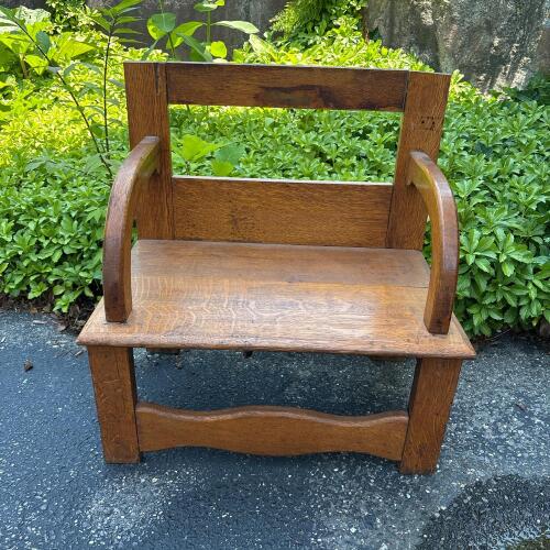 Small Vintage Wooden Bench with Curved Arms and Rustic Patina