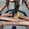 Large African Folk Art Hand-Carved Wooden Seated Tribal Figure with Braided Hair - 3