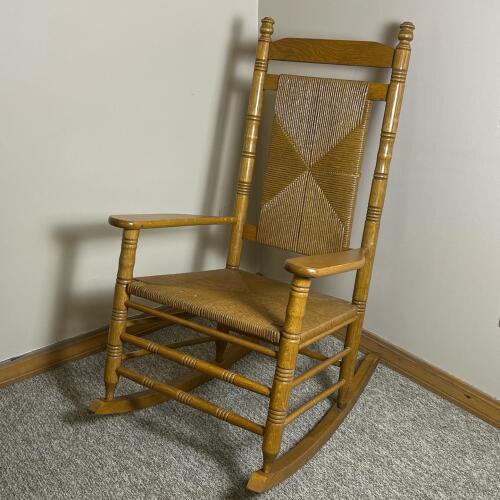 Vintage Rocking Chair With Woven Seat and Back