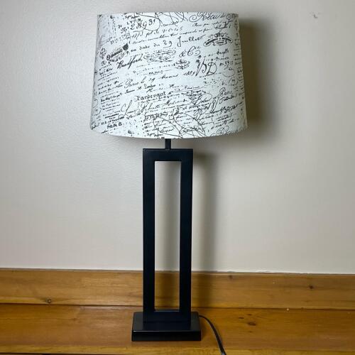 Allen + Roth Table Lamp With Black Metal Base And White Script Fabric Shade