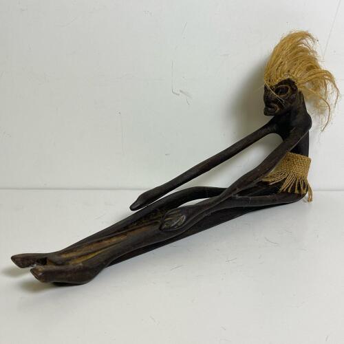 Hand-Carved Wooden Tribal Figure Statue Fiber Hair & Skirt