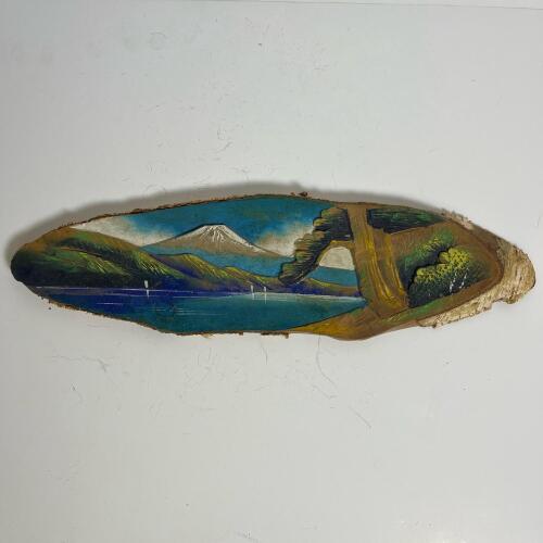 Vintage Japanese Hand-Painted Wood Slice Art Mt. Fuji Landscape Bark Edge Plaque