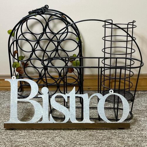 Metal Decor Set, Wine Bottle Holder, Bistro Sign, Wall Magazine Rack, Metal Holder Set