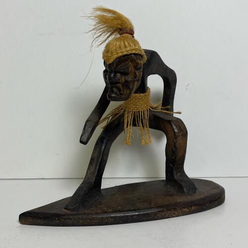 Hand-Carved Wooden Tiki Surfer Figurine with Natural Fiber Accents