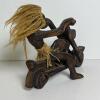 Hand-Carved Wooden Chopper Motorcycle Rider Figurine with Fiber Hair and Skirt - 2