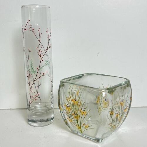 Hand-Painted Glass Vase Set by Ozler Glass and Brenda Laine Signed