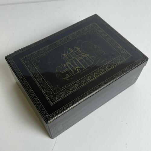 Black Lacquered Wooden Jewelry Box With Church Design
