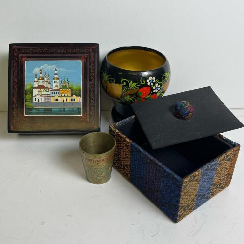 World Collectibles Lot- Russian Lacquer Box, Khokhloma Bowl, Indian Brass Cup, And Textile Box