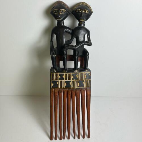 Hand-Carved Double Figure Motif Ghanaian Wooden Comb