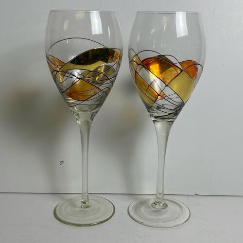 Pair of Decorative Wine Glasses With Abstract Orange & Yellow Design