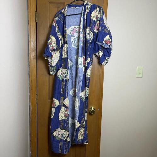 Traditional Blue Floral Fan Patterned Japanese Yukata Robe