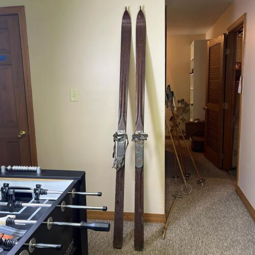 Antique R.H. Macy & Co. Norway Hickory Wooden Skis With Metal/Leather Bindings