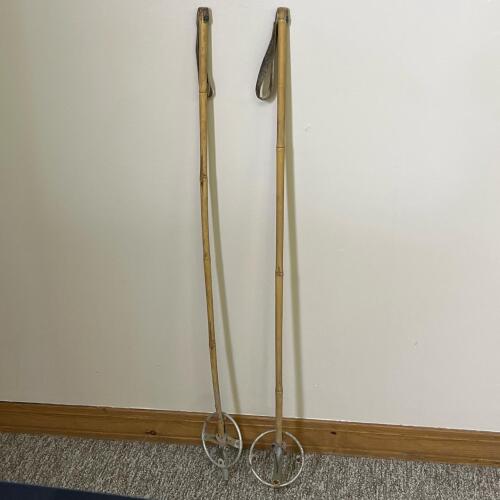 Pair Of Vintage Bamboo Ski Poles Metal Baskets Leather Straps