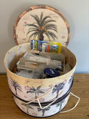 2 Palm Tree Hat Boxes with One Filled with Assorted Sewing Notions