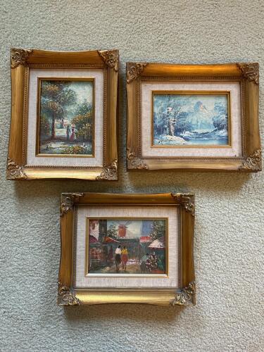Set of 3 Signed Framed Oil Paintings in Gold Gilt Frames