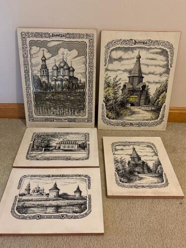 Set of 5 Vologda Russian Wooden Plaques