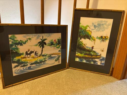 Pair of Framed Original Asian Watercolor Paintings