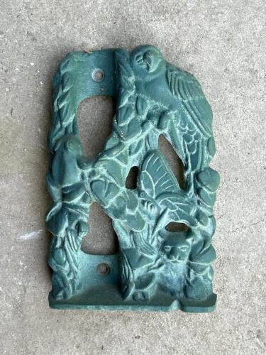 Vintage John Wright Cast Iron Flag Holder with Animal Motifs and Green Patina