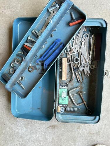 Vintage Blue Metal Toolbox with Assorted Hand Tools and Hardware