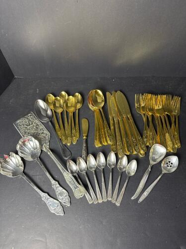Mixed Flatware Set: Amefa Gold Stainless, Rogers Bros Flair, and Community