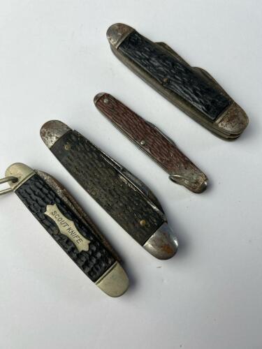 Lot of Vintage Scout-Style Pocket Knives with Multiple Tools