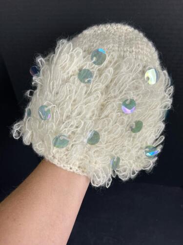 White 100% Mohair Knit Beanie with Iridescent Sequins, Made in Italy