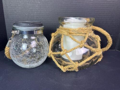Solar-Powered Glass Lantern & Rope Glass Candle Holder with Decorative Rope Handles