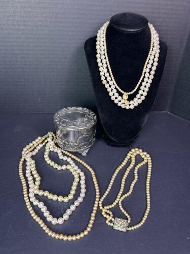 Vintage Faux Pearl Necklaces With Ornate Silver-Plated Glass Trinket Box - Assorted Clasps