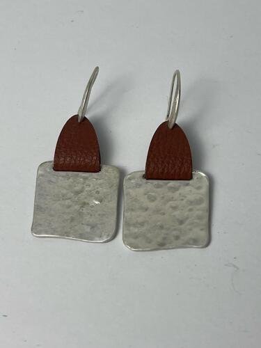 Hammered Texture Silver-Tone and Leather Square Dangle Earrings