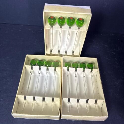 Crate & Barrel Glass Olive Cocktail Picks, 3 Boxes of 4