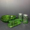 Green Pressed Depression Glass Lot: Serving Bowl, Butter Dish, Salt & Pepper Shakers