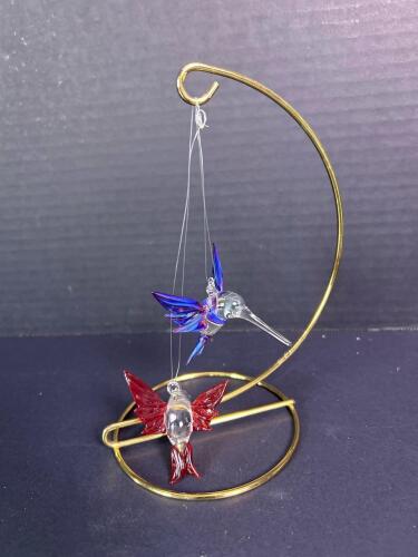 Hand-blown Glass Hummingbird Figurine Set with Red & Blue Birds and Gold Metal Stand