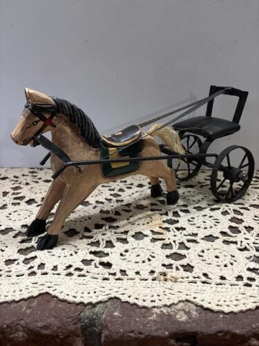 Handcrafted Wooden Horse and Metal Carriage Figurine