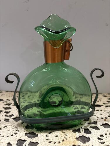 Hand-Blown Green Glass Decanter with Copper Collar and Iron Handles