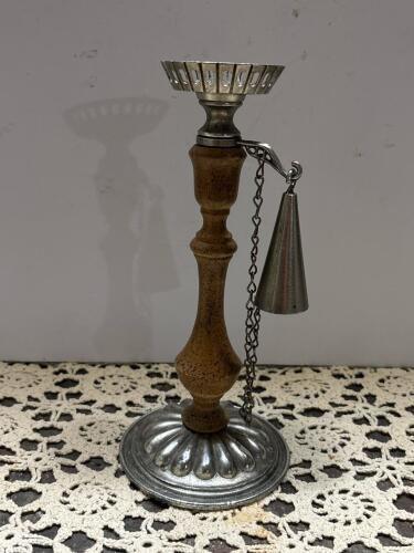 Antique Metal and Wood Candlestick Holder with Attached Snuffer