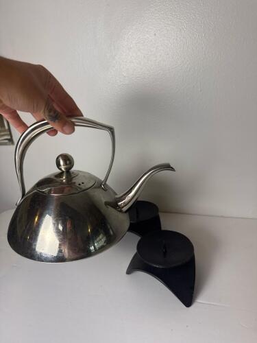 Palm Restaurant Stainless Steel Teapot w/ 2 Metal Pottery Barn Candle Holders